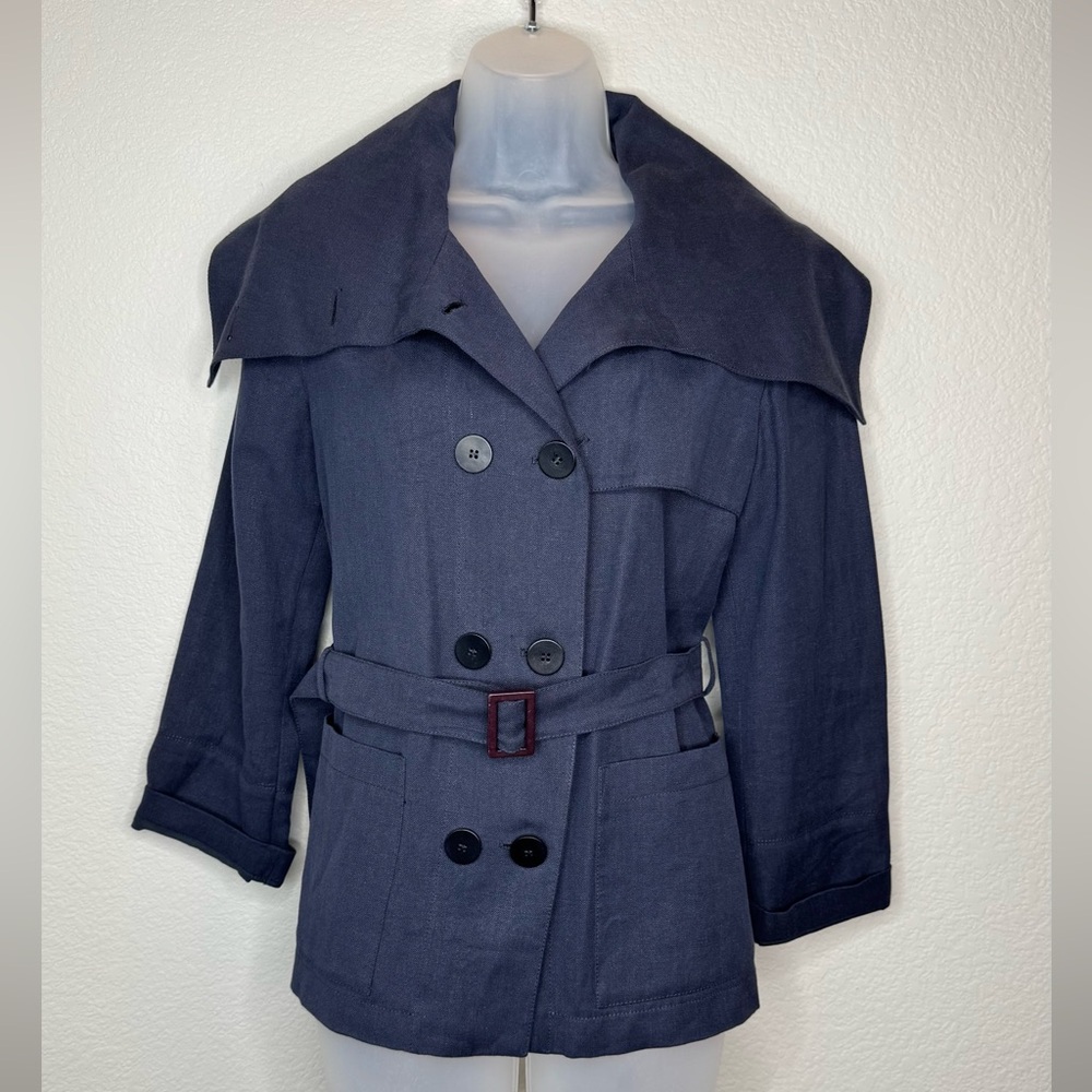 Giorgio Armani Short‎ Belted Trench Jacket Linen Blend M Navy Blue
